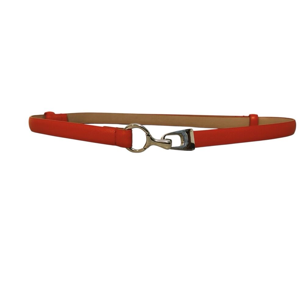 Vibrant Coral Pink Saffiano Leather Women Skinny Belt Silver Horsebit Hook Clasp